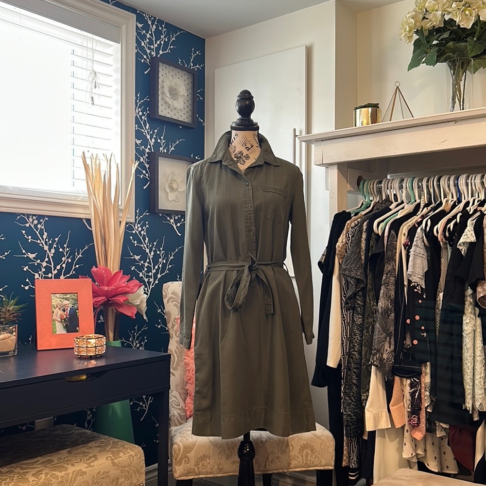Joe Fresh Olive Green Long Sleeve Shirt Dress with Tie Waist
